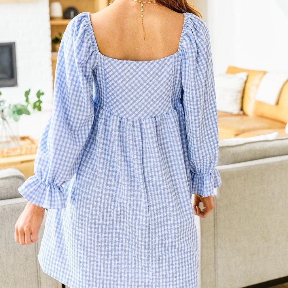 Sugarbox blue gingham eiffel in love balloon sleeve dress | Size M - Picture 3 of 5
